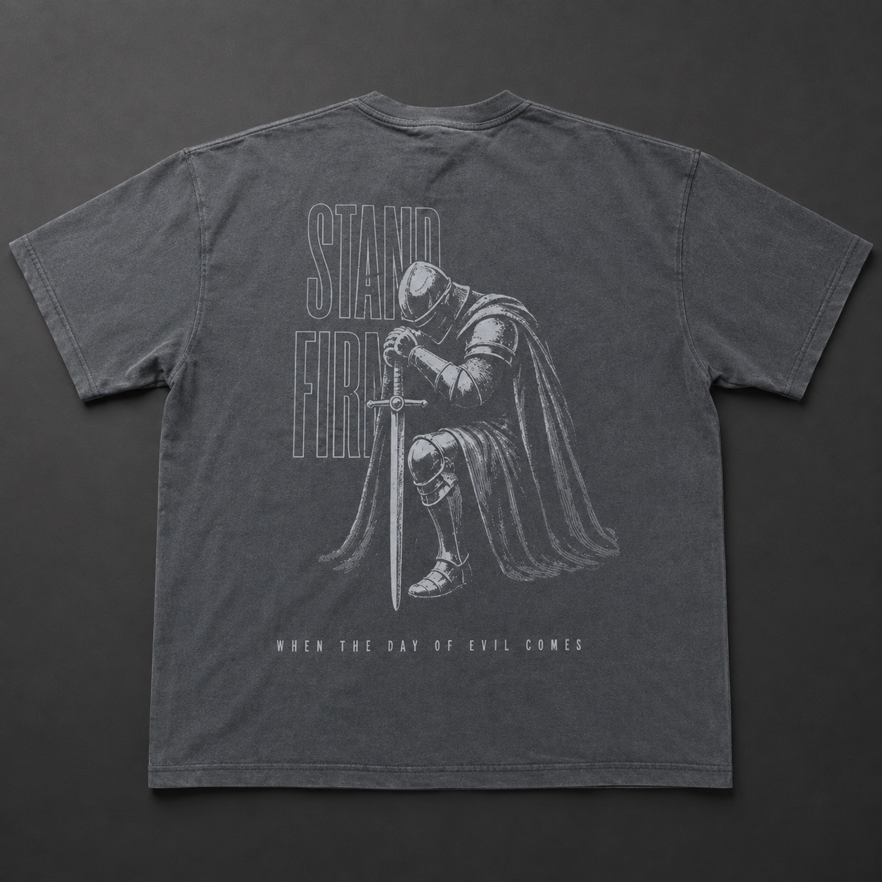 Illustrative Stand Firm Tee back-view mockup matched to the received sample's smaller centered print